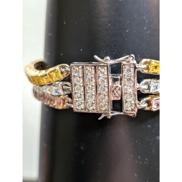 PJM 925 Sterling Pink Yellow Clear Princess Cut Three Strand Tennis Bracelet - Picture 5 of 10